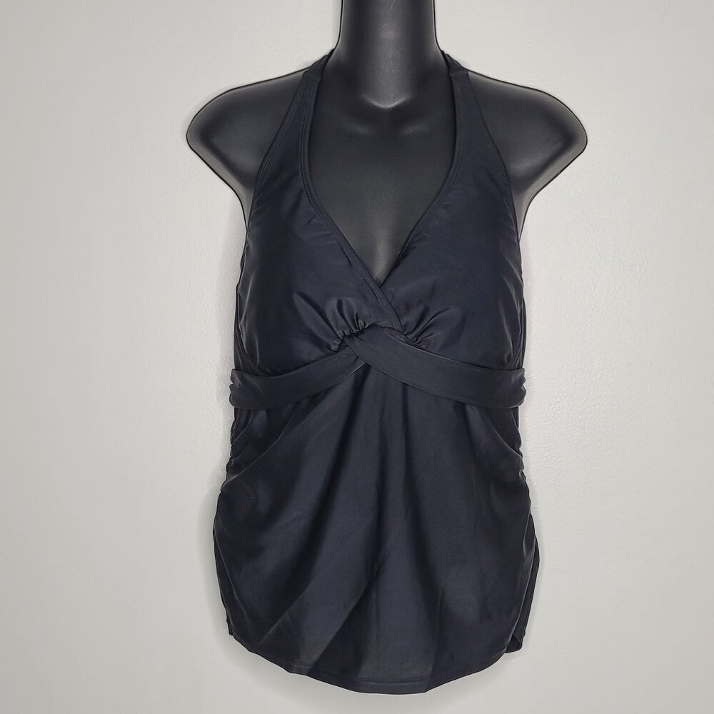 Athleta Black Halter Tankini Swim Top Womens Size 36 D/DD Twist Front Ruched